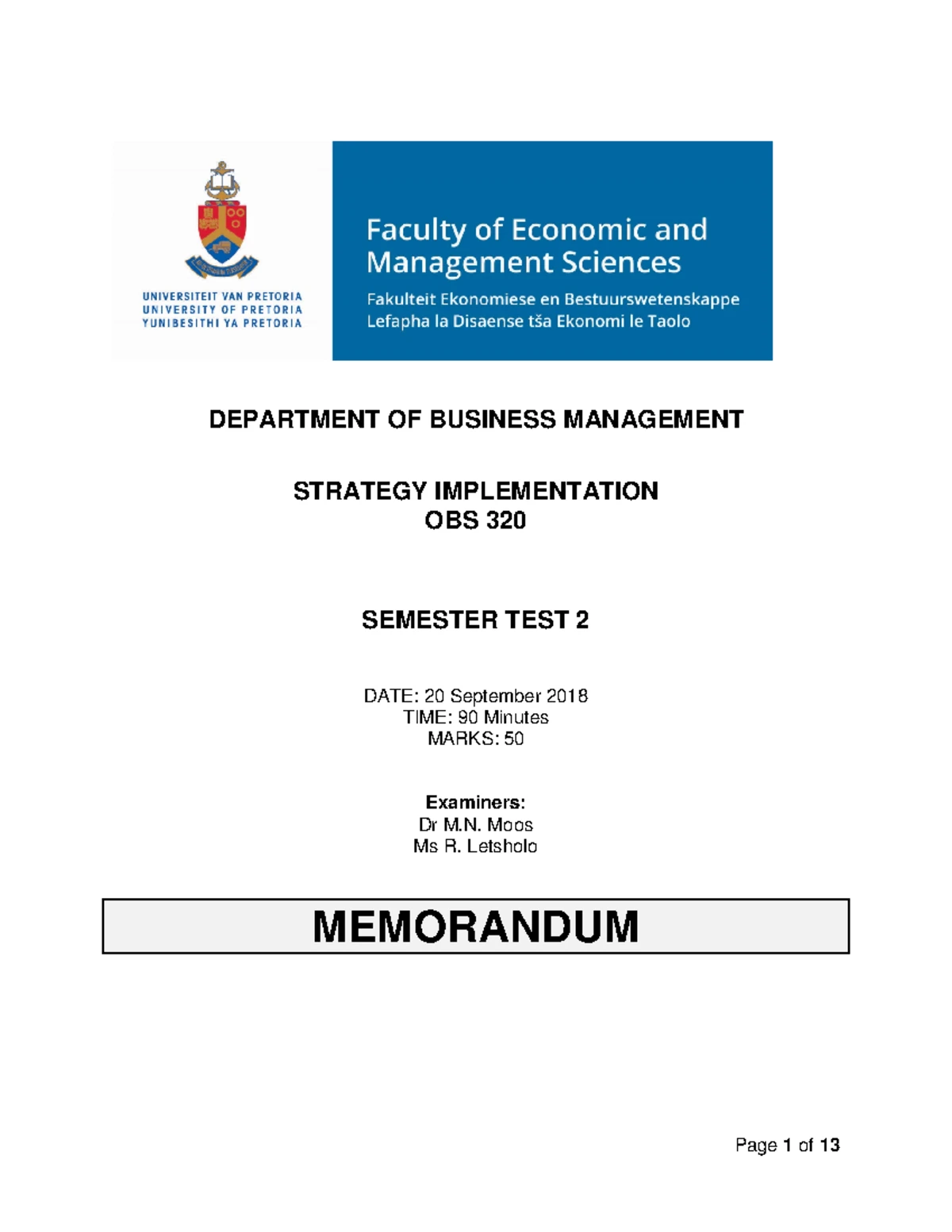 (MEMO) OBS 310 - Semester Test 1 2021 - DEPARTMENT OF BUSINESS ...