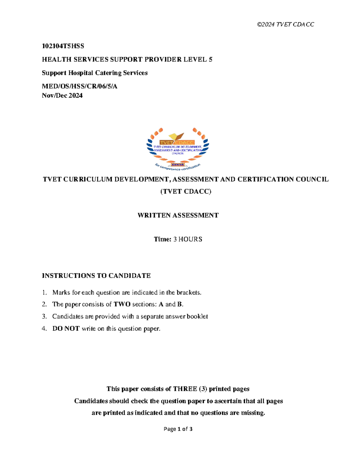 TVET CDACC 102104T5HSS Level 5 Hospital Catering Past Papers 2024 Studocu