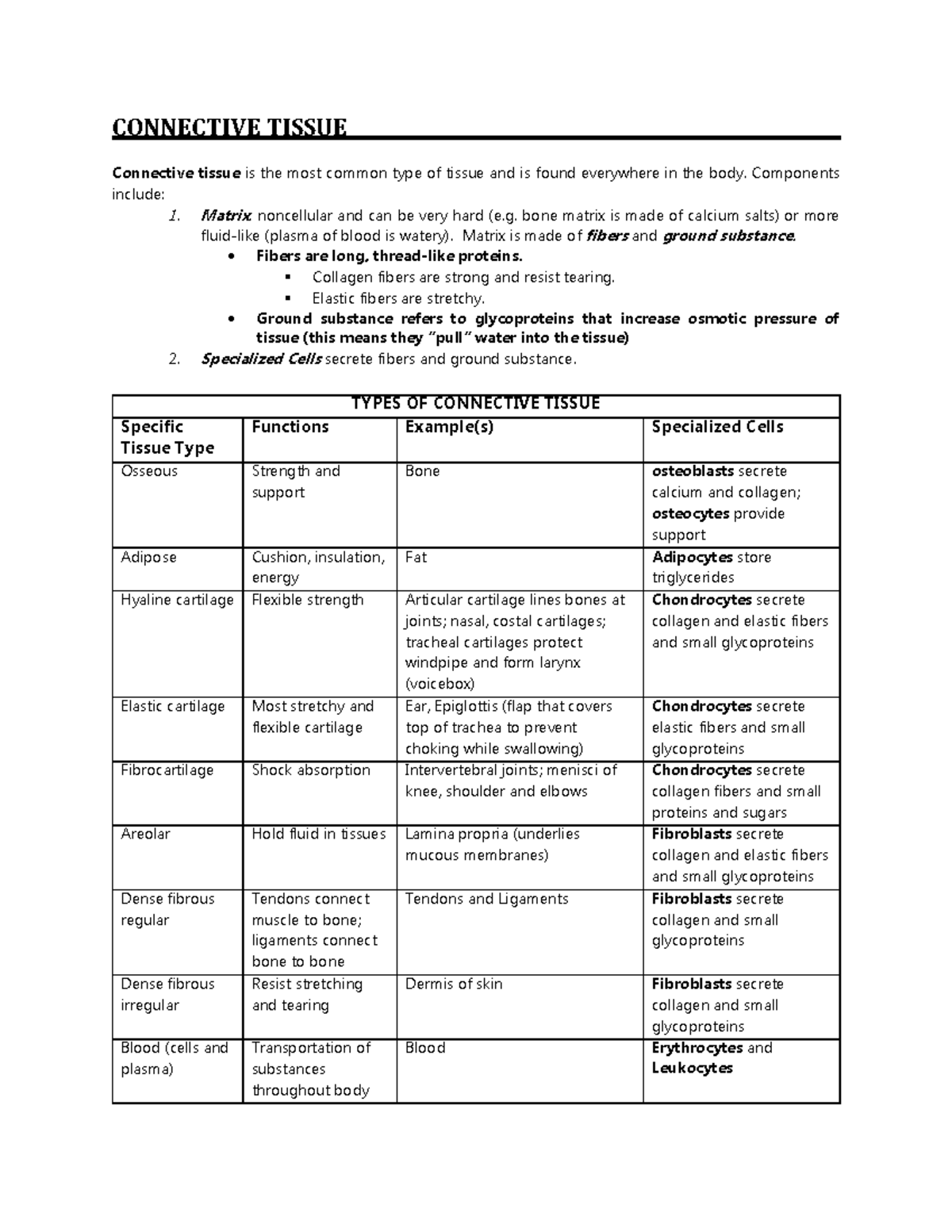 Connective Tissue - notes - CONNECTIVE TISSUE Connective tissue is the ...
