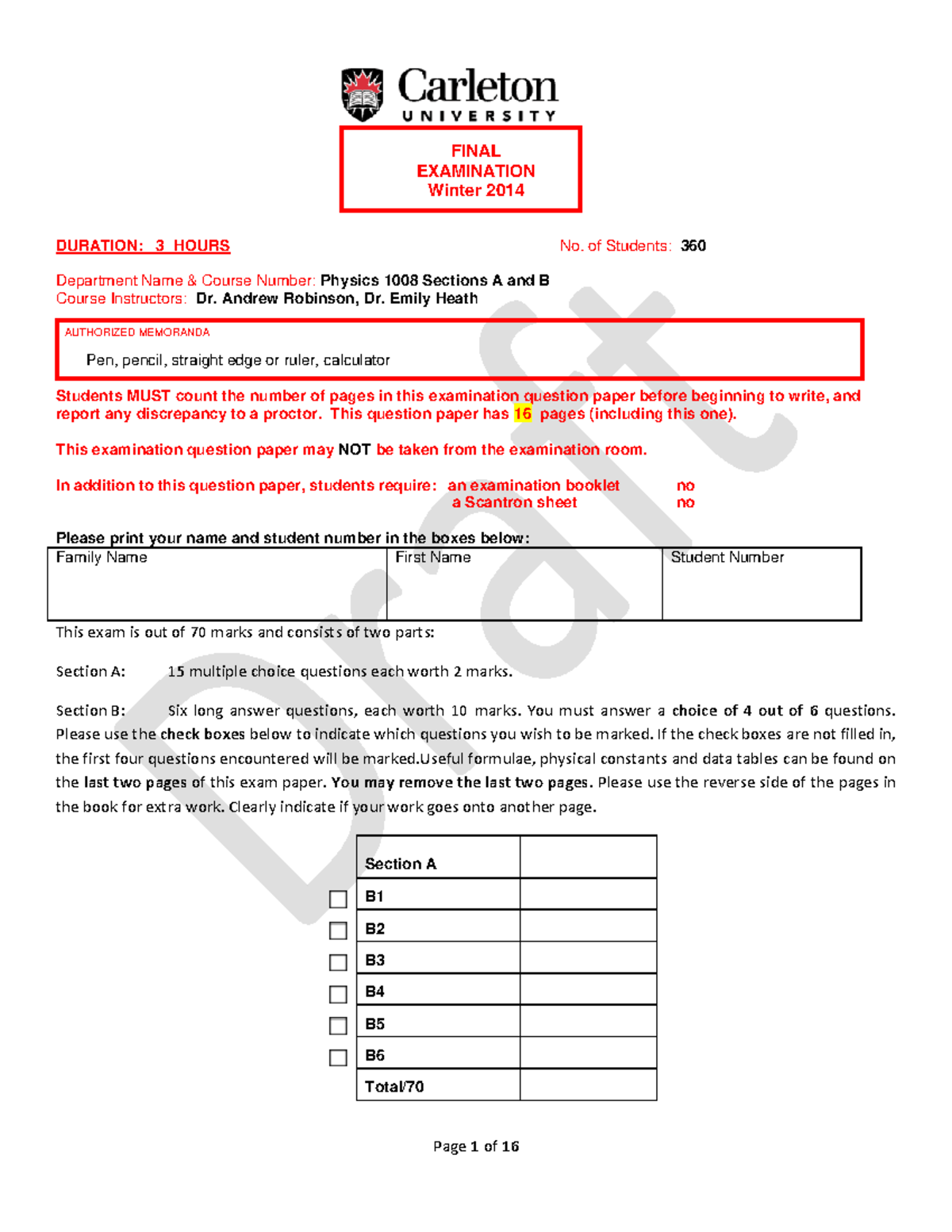 Physics 1008 W2014 Final Exam Solutions and Detailed Responses - Studocu