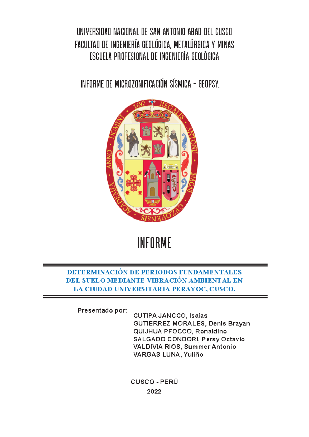 Informe de Microzonificación Sísmica - Determinación de Períodos en UNSAAC - Document Preview