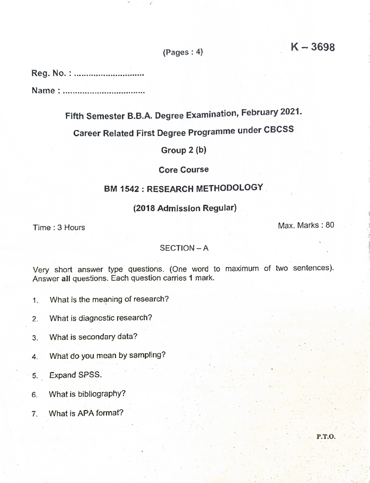 BM 1542: Research Methodology Question Paper - Fifth Semester B.B.A ...