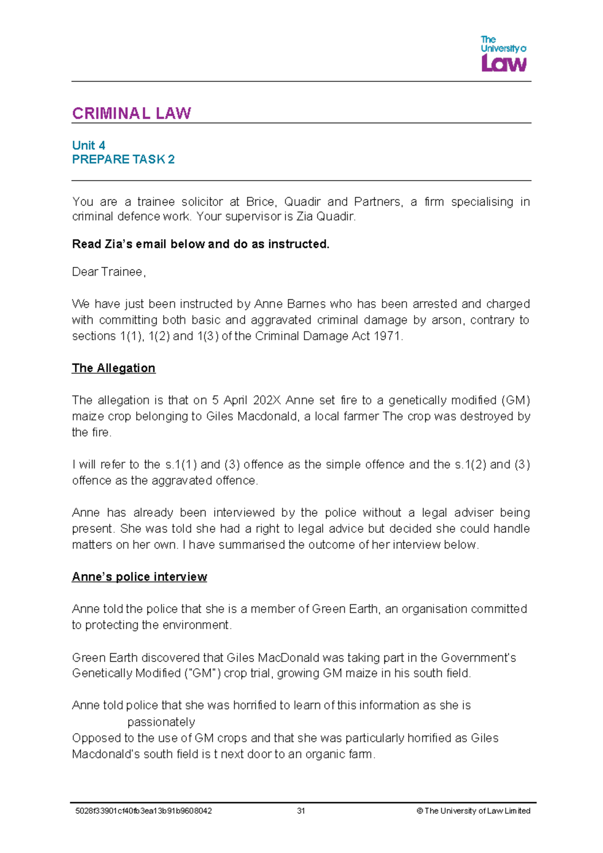 2324 CRIM Level 4 U04 CE01 Task 02: Criminal Damage Case Study - Studocu