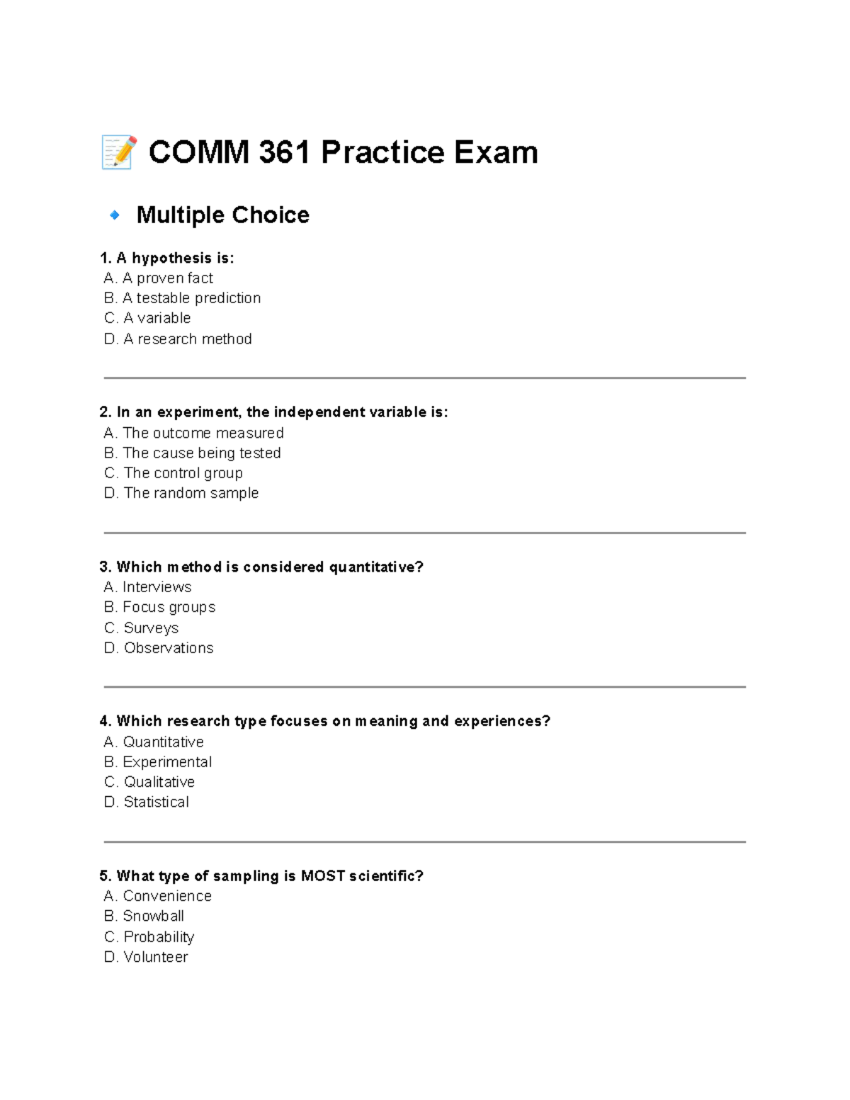 COMM 361 Practice Exam: Multiple Choice Questions - Studocu