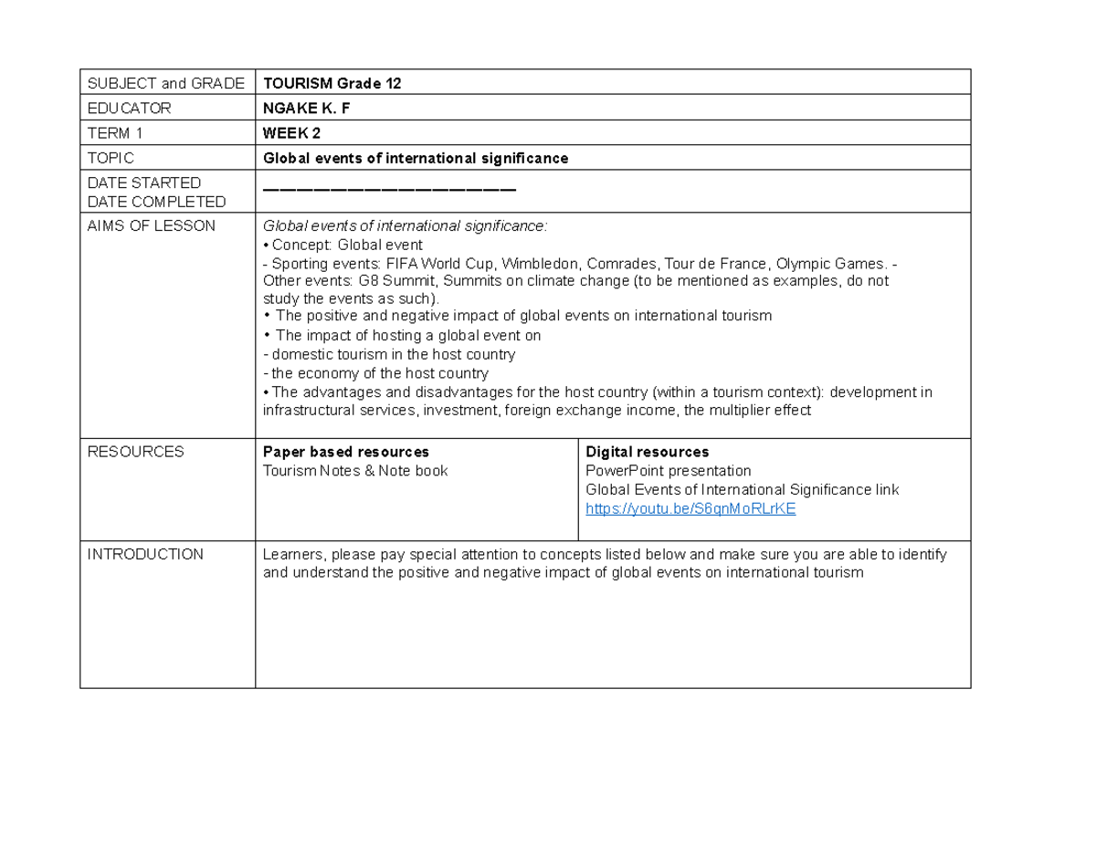 Grade 12 Tourism Lesson Plan: Global Events Impact (Term 1, Week 2 ...