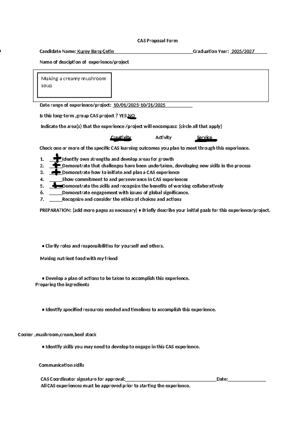 CAS Proposal Form: Creamy Mushroom Soup Project - Studocu