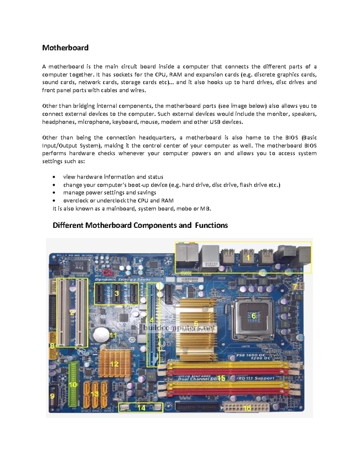 Motherboard Components and Functions: A Detailed Overview - Studocu