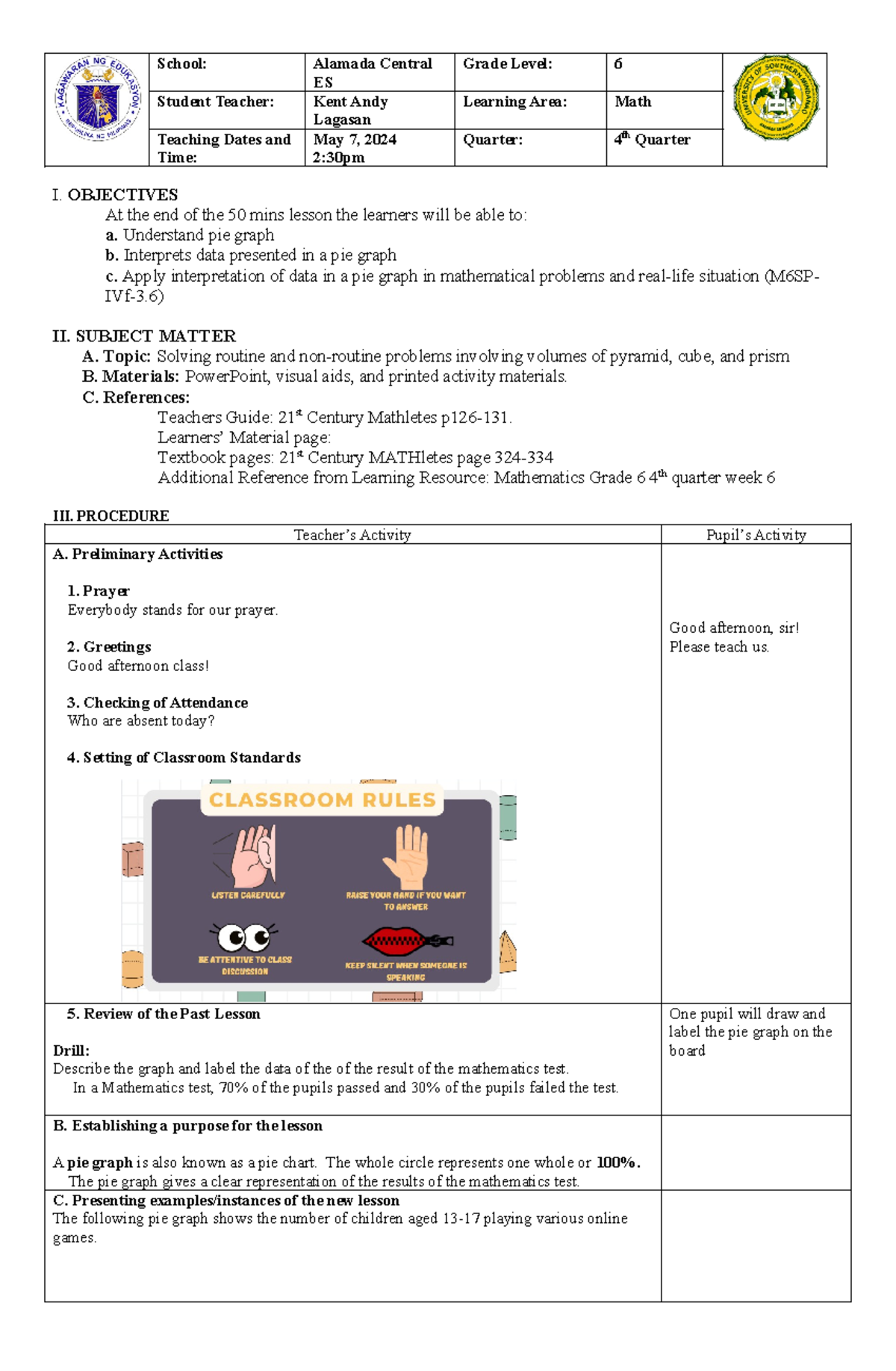 Kent ES 6th Grade Final Lesson Plan on Pie Graphs & Data Interpretation ...