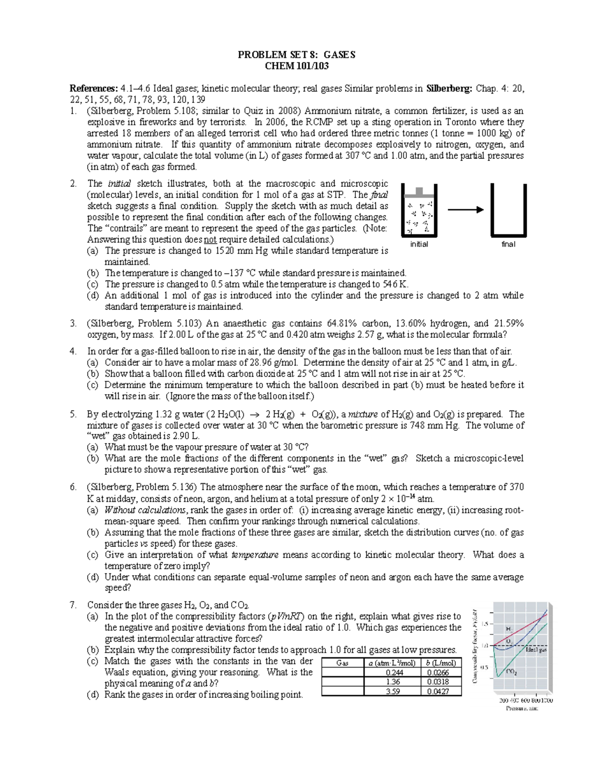 CHEM 101 Problem Set 8: Gases, Ideal & Real Gas Concepts - Studocu