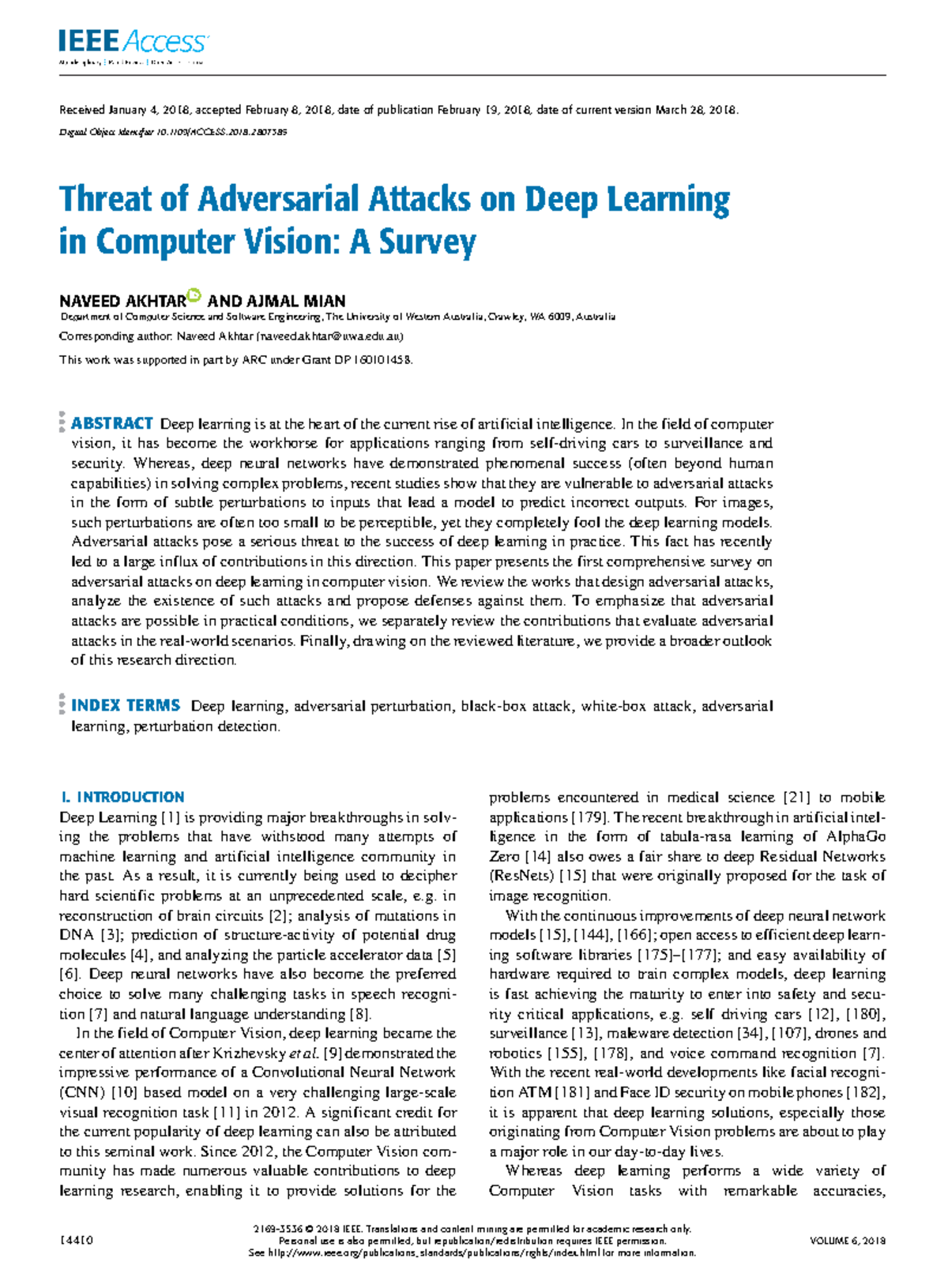 Threat of Adversarial Attacks on Deep Learning in Computer Vision A ...