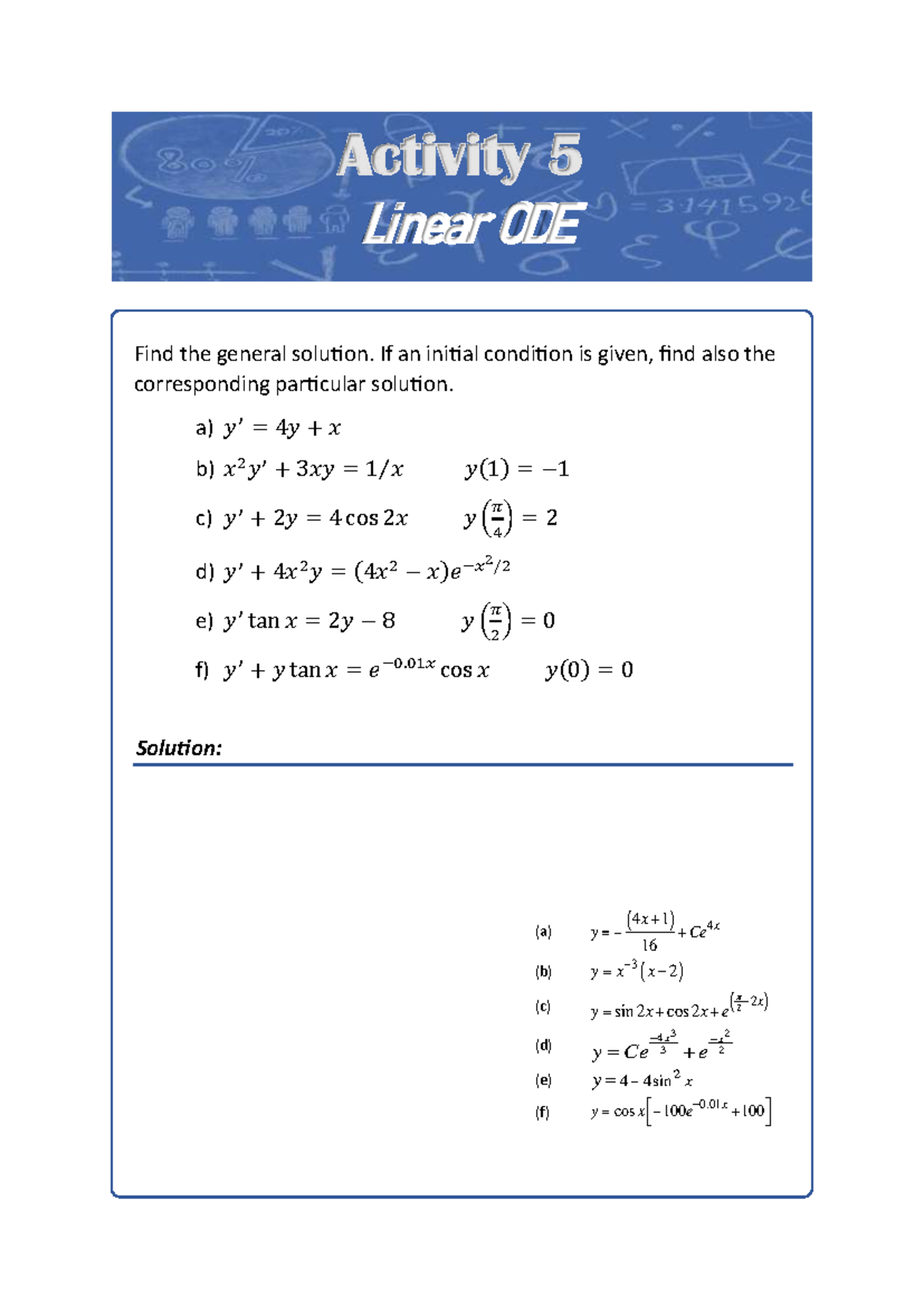 Activity 5 Linear Ode General Particular Solutions Studocu