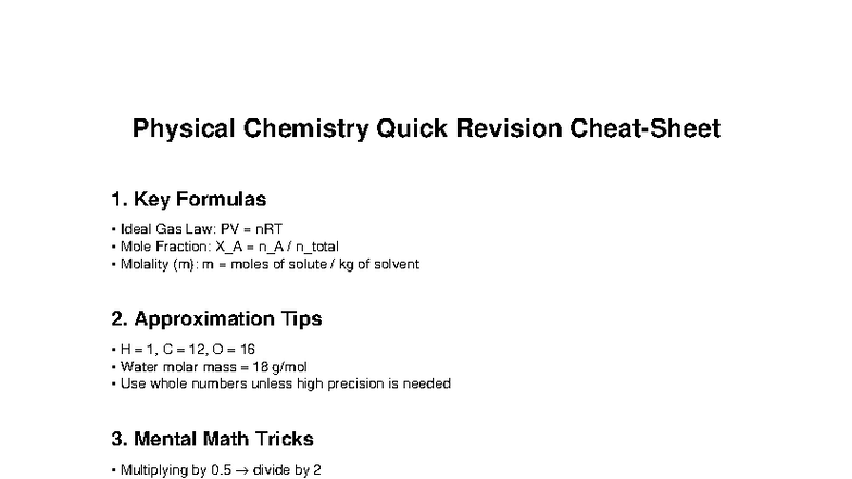 Physical Chemistry Cheat Sheet: Quick Revision & Key Formulas - Studocu