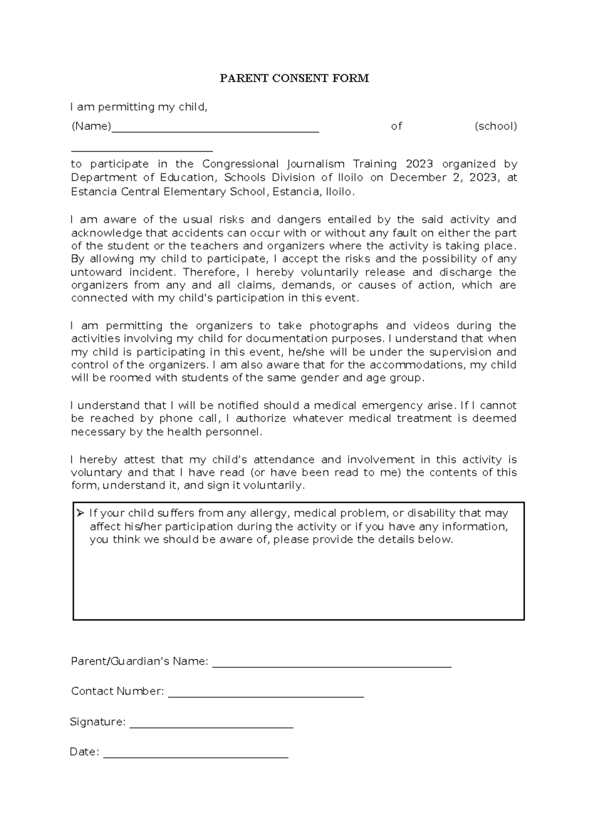 Parent Consent for Congressional Journalism Training 2023 - Studocu