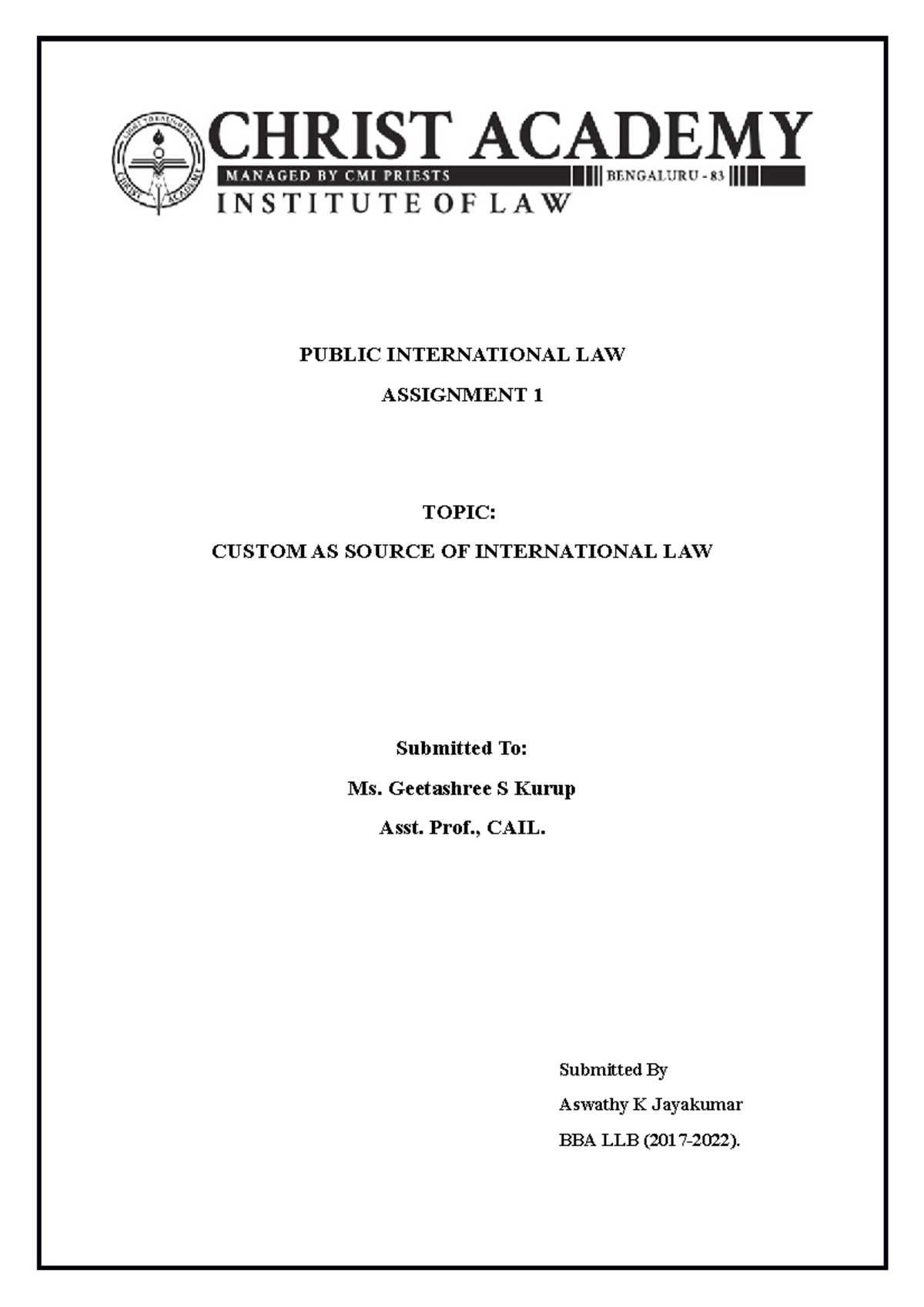 Assignment 1 - Custom as Source of International Law - PIL - Studocu