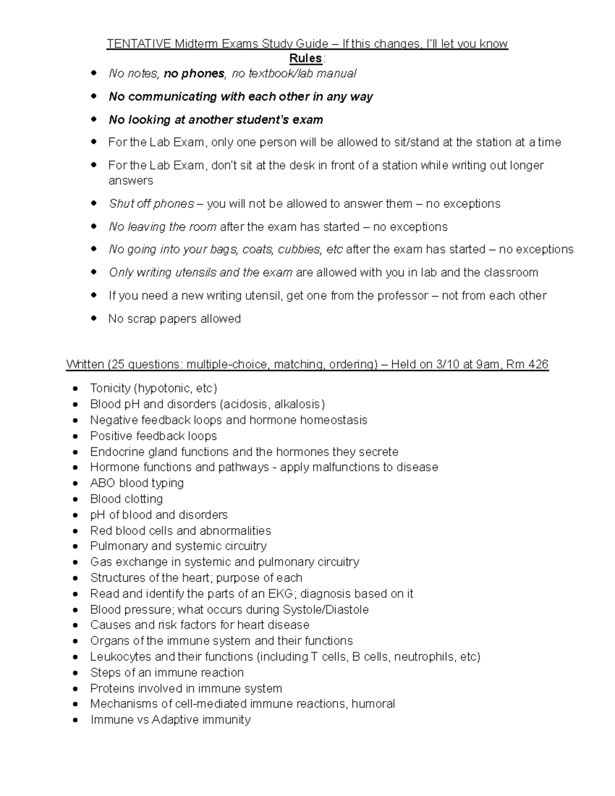 BIO101 Tentative Midterm Exam Study Guide: Key Topics & Rules - Studocu