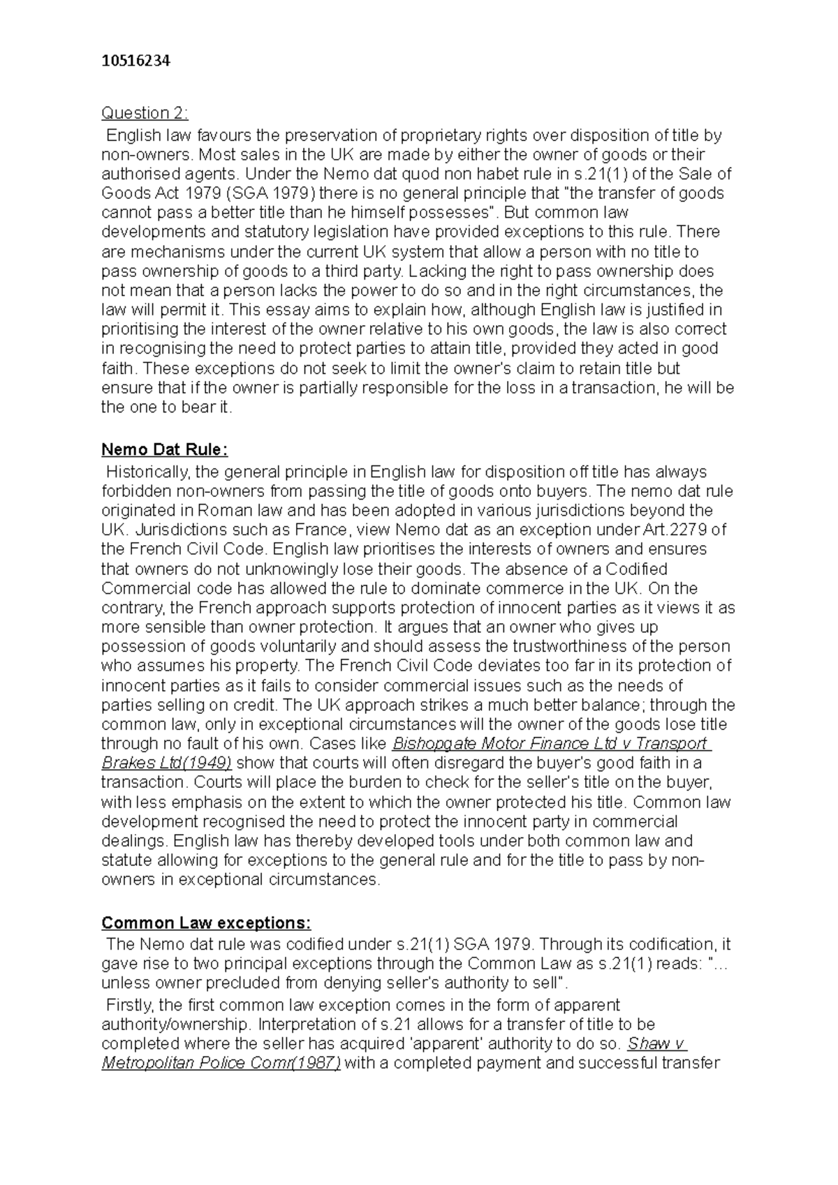 Commercial Law May Exam - Question 2: English law favours the ...