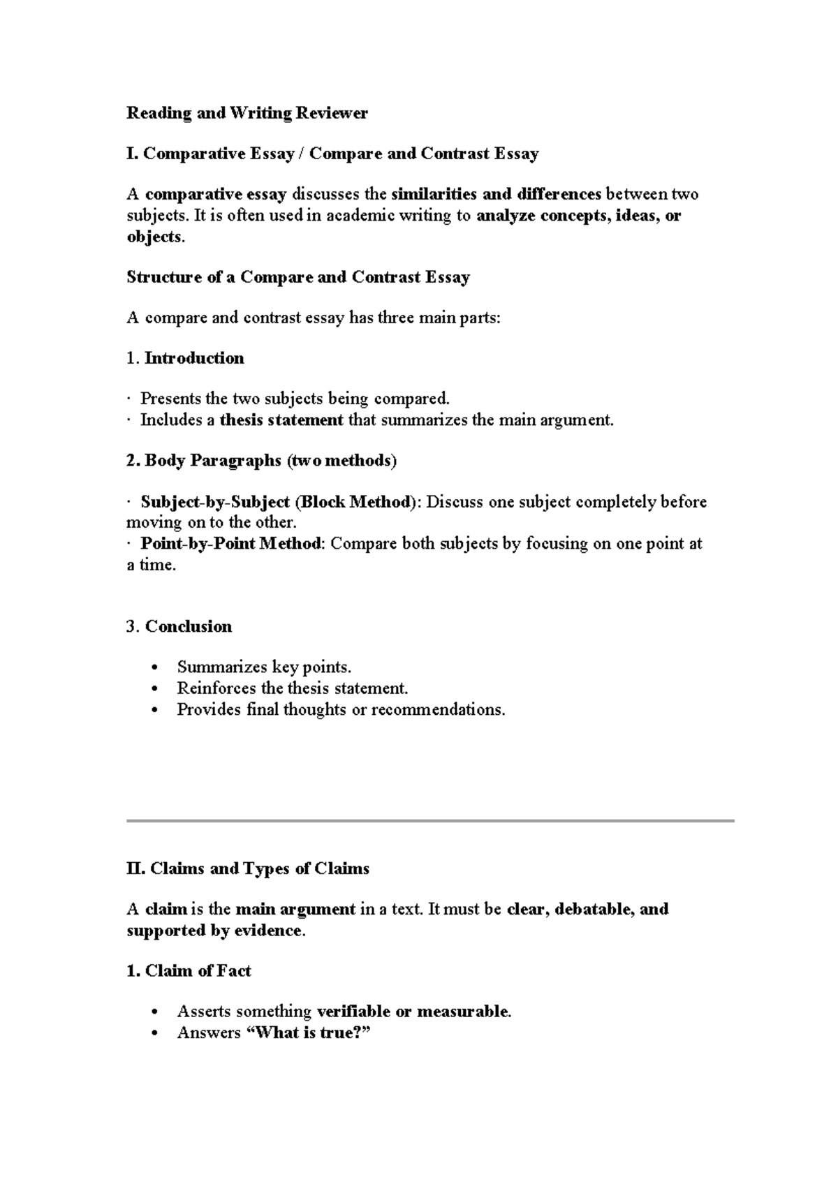 Reading and Writing Reviewer I: Comparative Essay Guide - Studocu