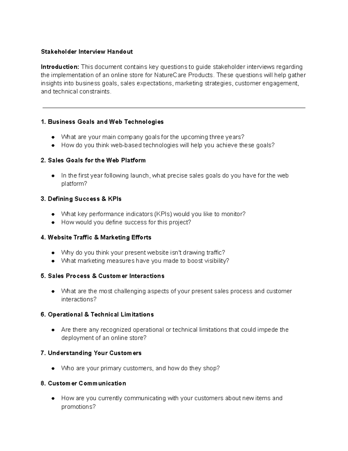 Sample Stake Holder Handout - Stakeholder Interview Handout ...