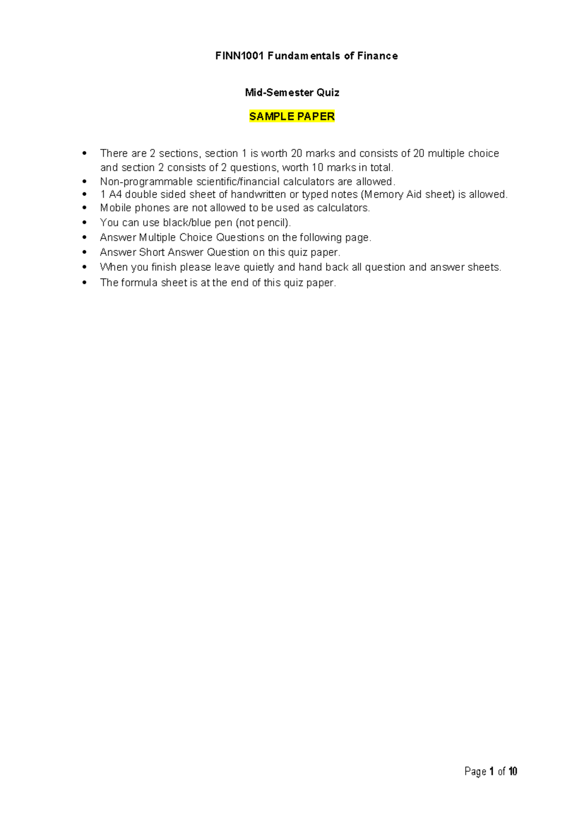 FINN1001 Fundamentals of Finance Quiz Sample Paper - Studocu