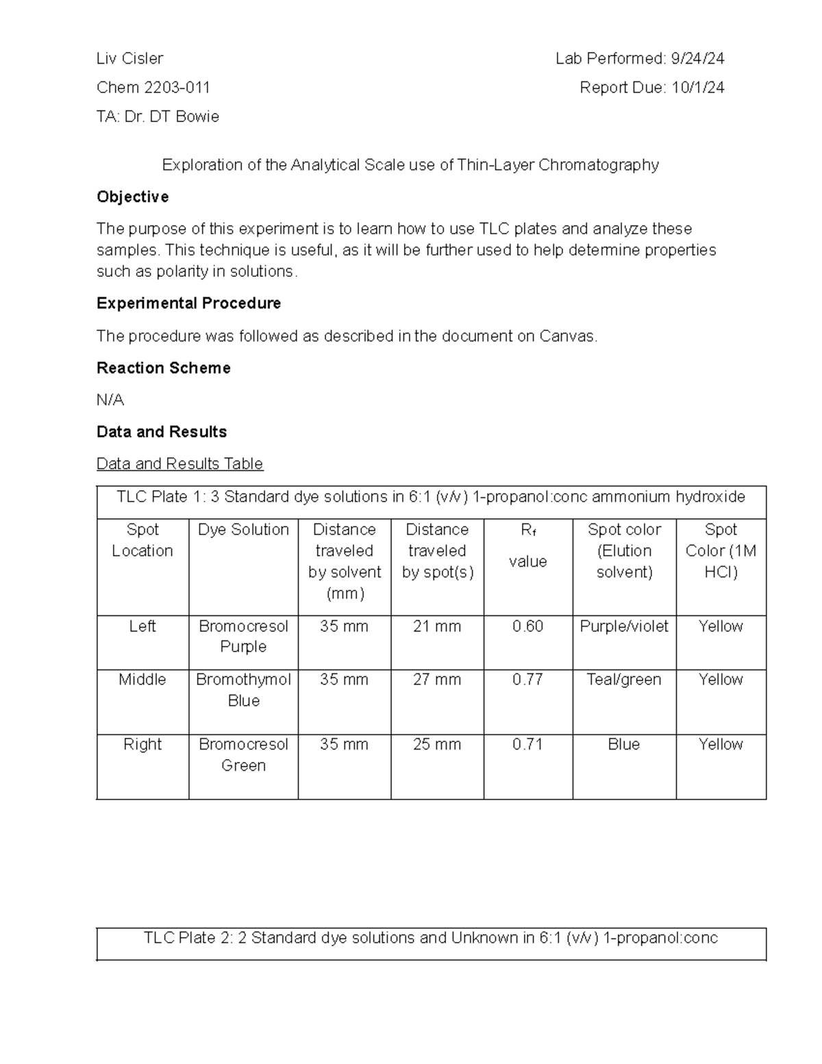 Cisler CHEM2203 Lab Report IV: TLC Analysis of Dyes and Unknowns - Studocu