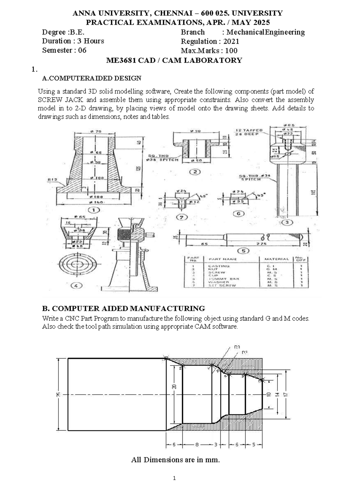 ME3681 CAD CAM LAB Practical Exam Questions - Apr/May 2025 - Studocu