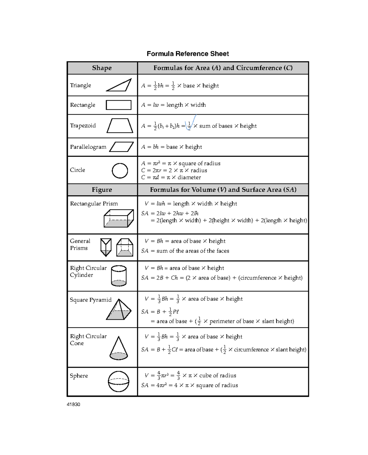 Algebra reference sheets - Formula Reference Sheet Formulas for Area (A ...