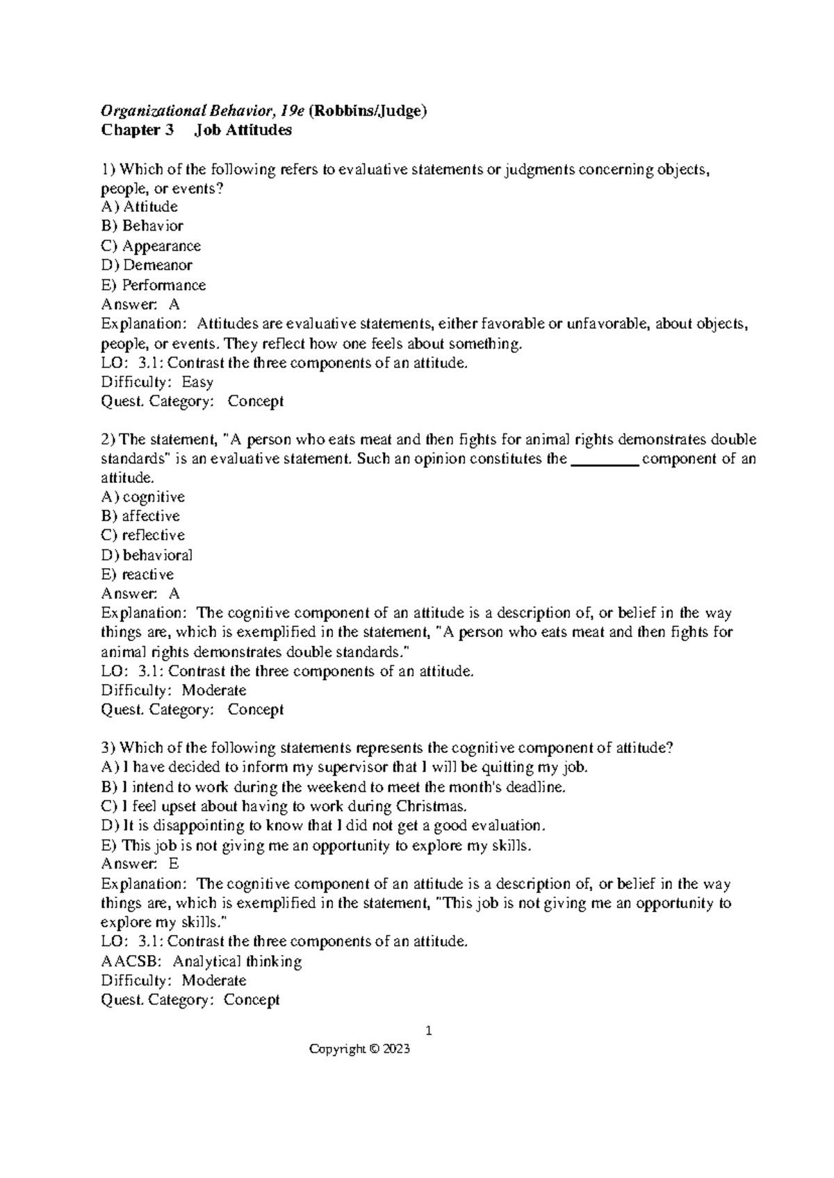 Test Bank for Organizational Behavior 19e: Chapter 3 - Job Attitudes ...