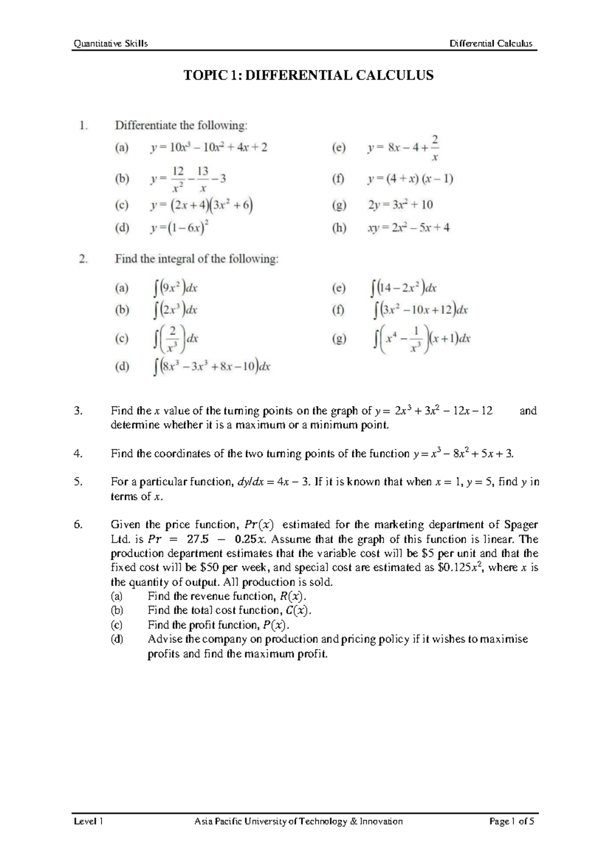 Tutorial 1(b) - Differential Calculus (Answers & Solutions) - Studocu