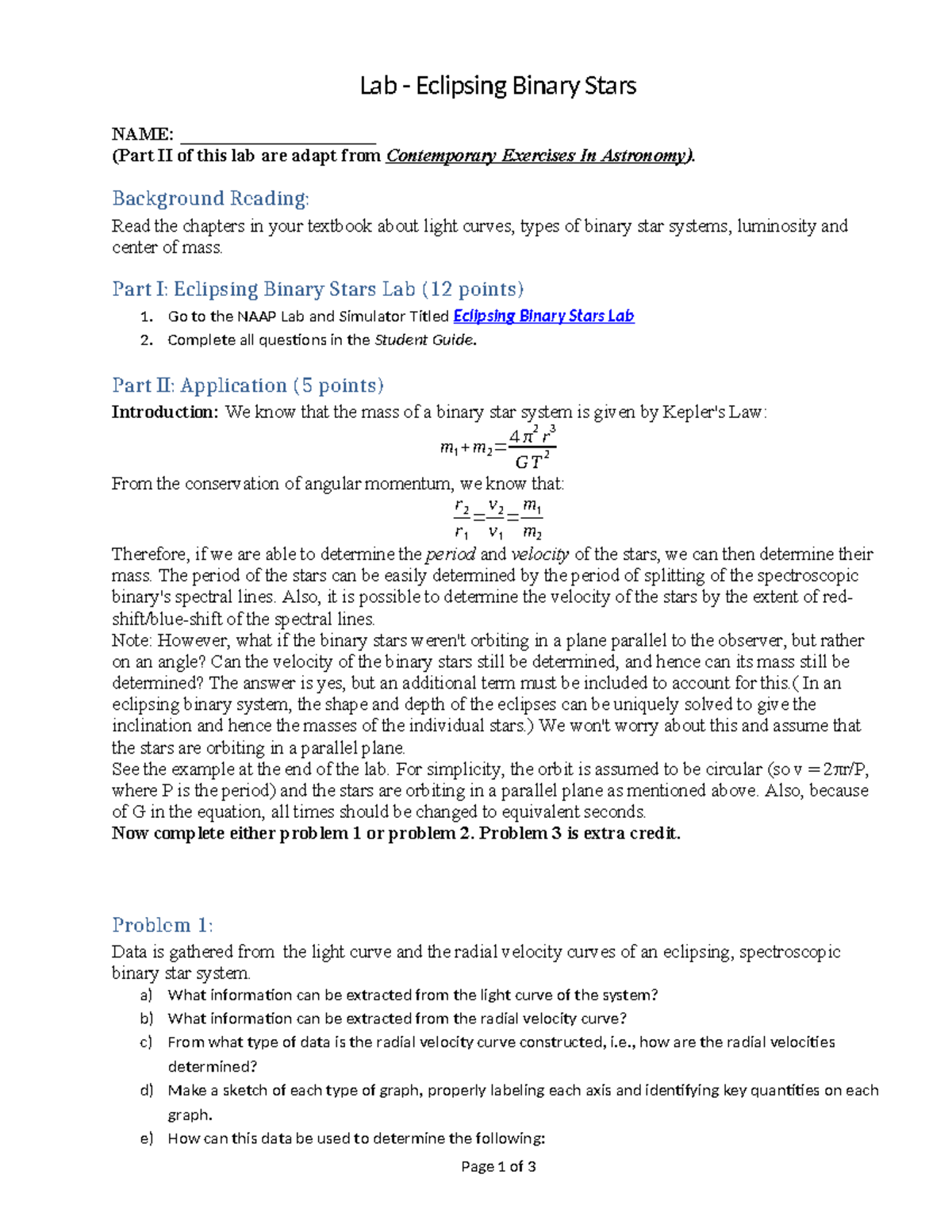 Lab - Eclipsing Binary Stars Worksheet 1 - Analysis & Data Collection ...