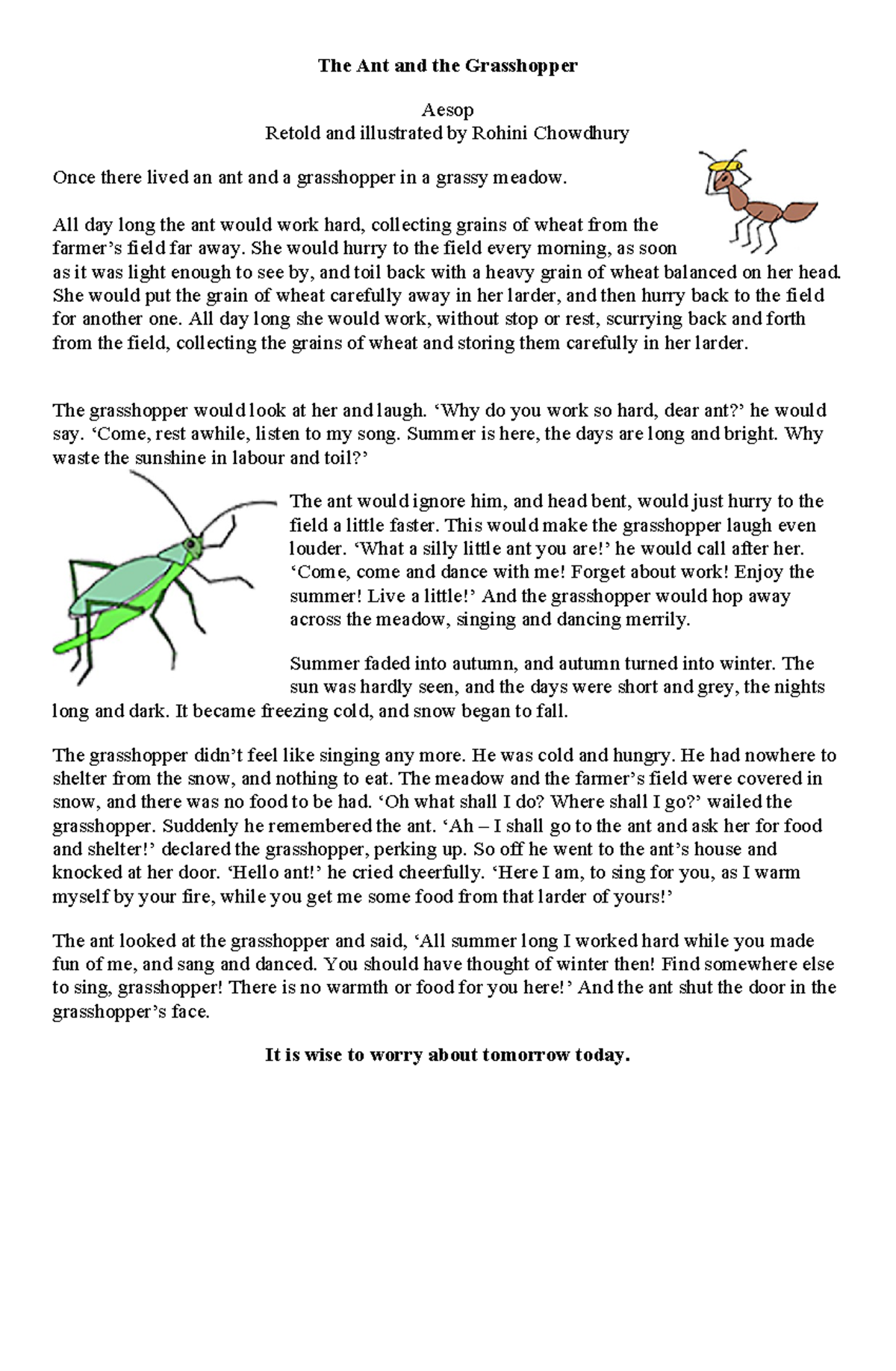 Story For Story Telling - The Ant And The Grasshopper Aesop Retold And 