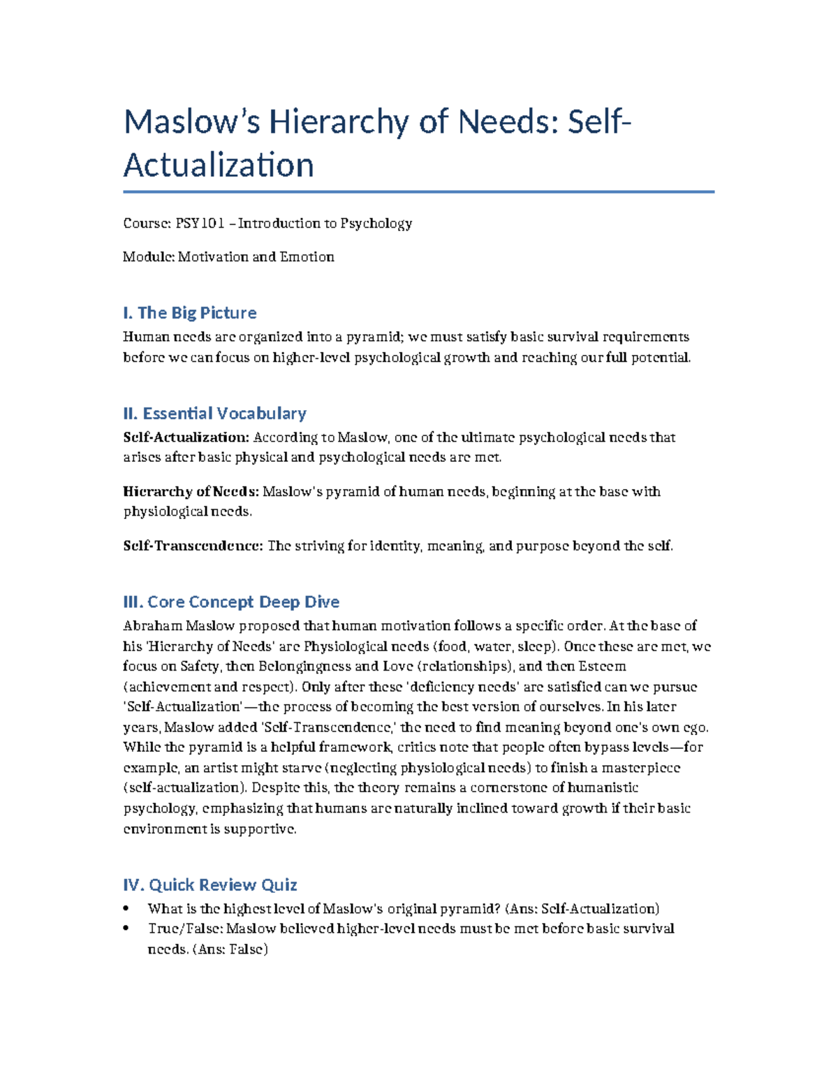 Maslow's Hierarchy of Needs: Self-Actualization - PSY101 Module - Studocu