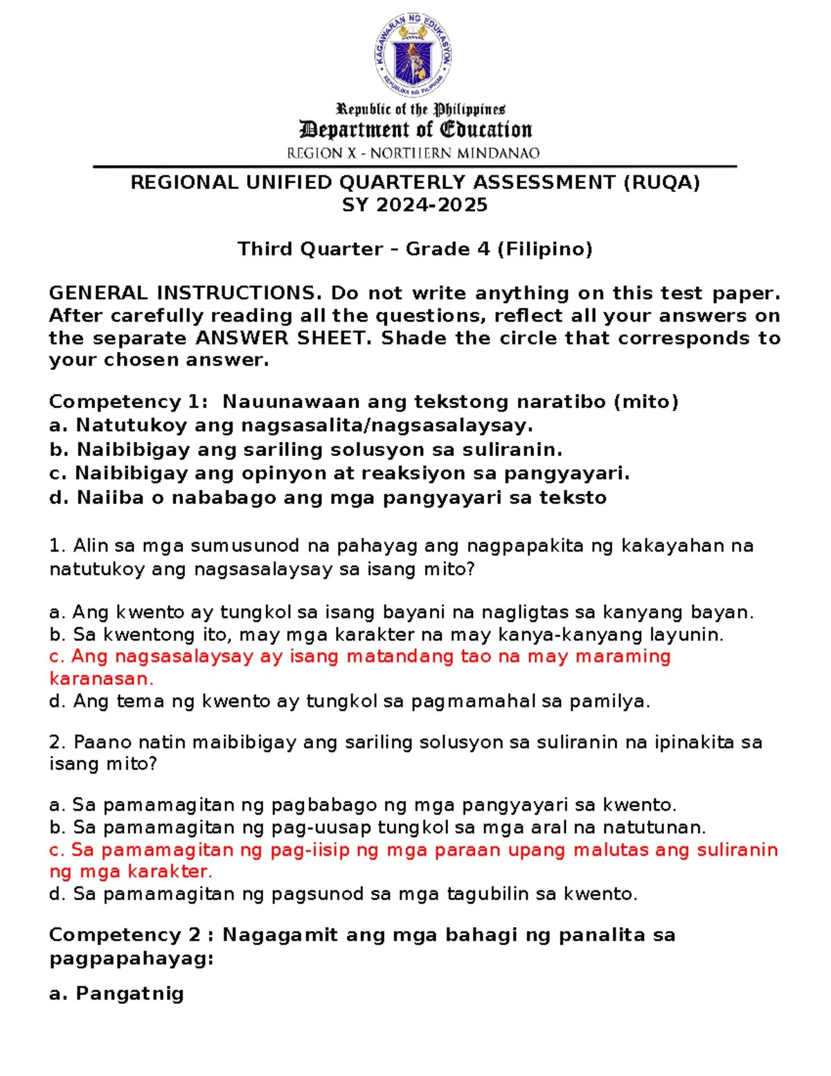Filipino 5 Q1 ST4: Fourth Summative Test Overview & Practice - Studocu