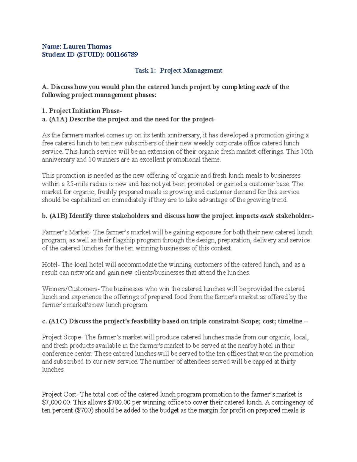 D079 Project Management Task 1: Planning a Catered Lunch Project - Studocu
