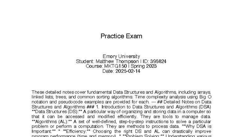 MKTG150 Spring 2023 Practice Exam: Data Structures & Algorithms Notes ...