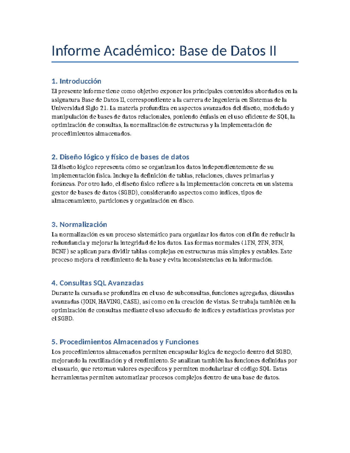 Informe Académico: Contenidos Clave en Base de Datos II - Siglo 21 ...