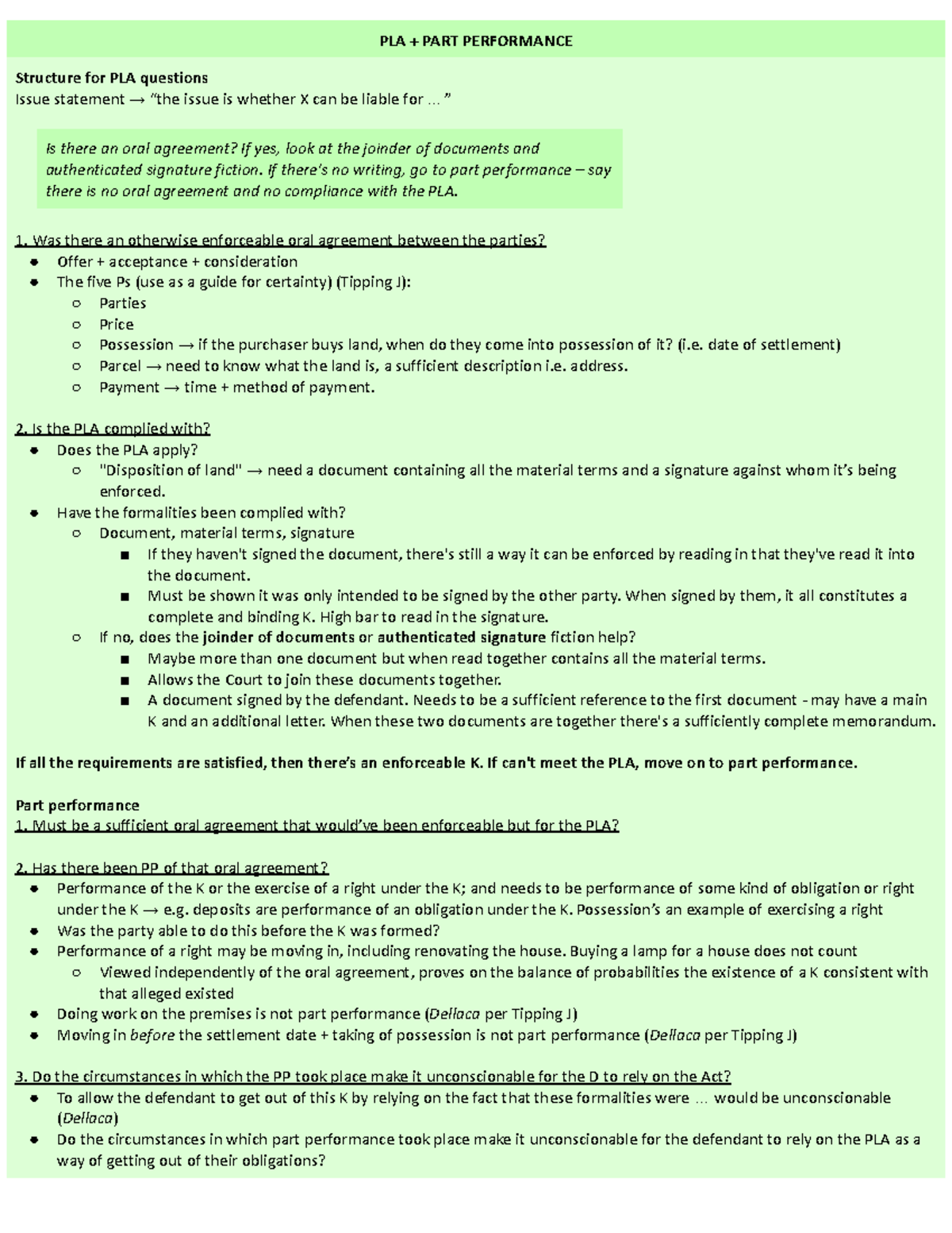 LAWS211 Test 2 Revision Notes on PLA and Unconscionable Bargains - Studocu