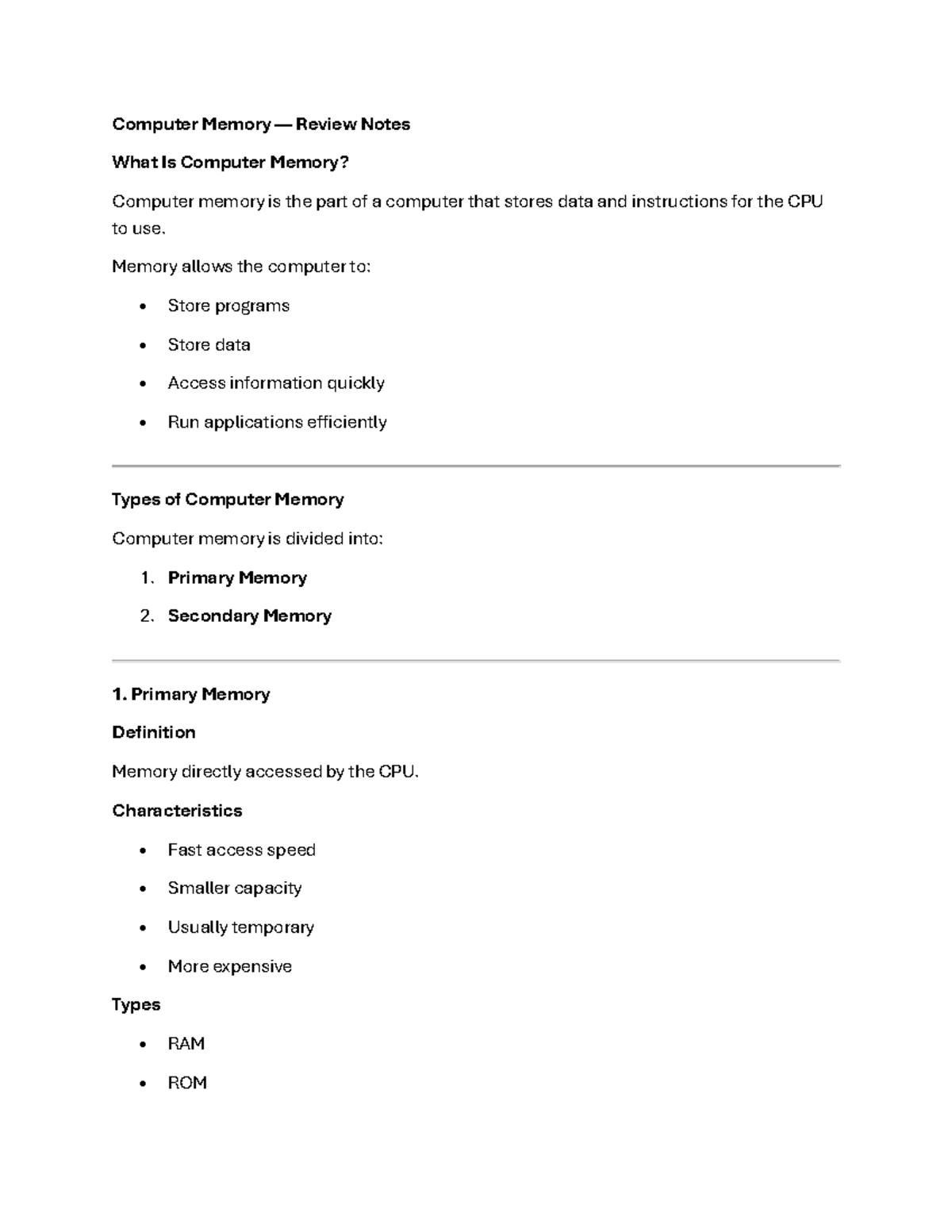 Computer Memory Review Notes: Types and Functions Explained - Studocu