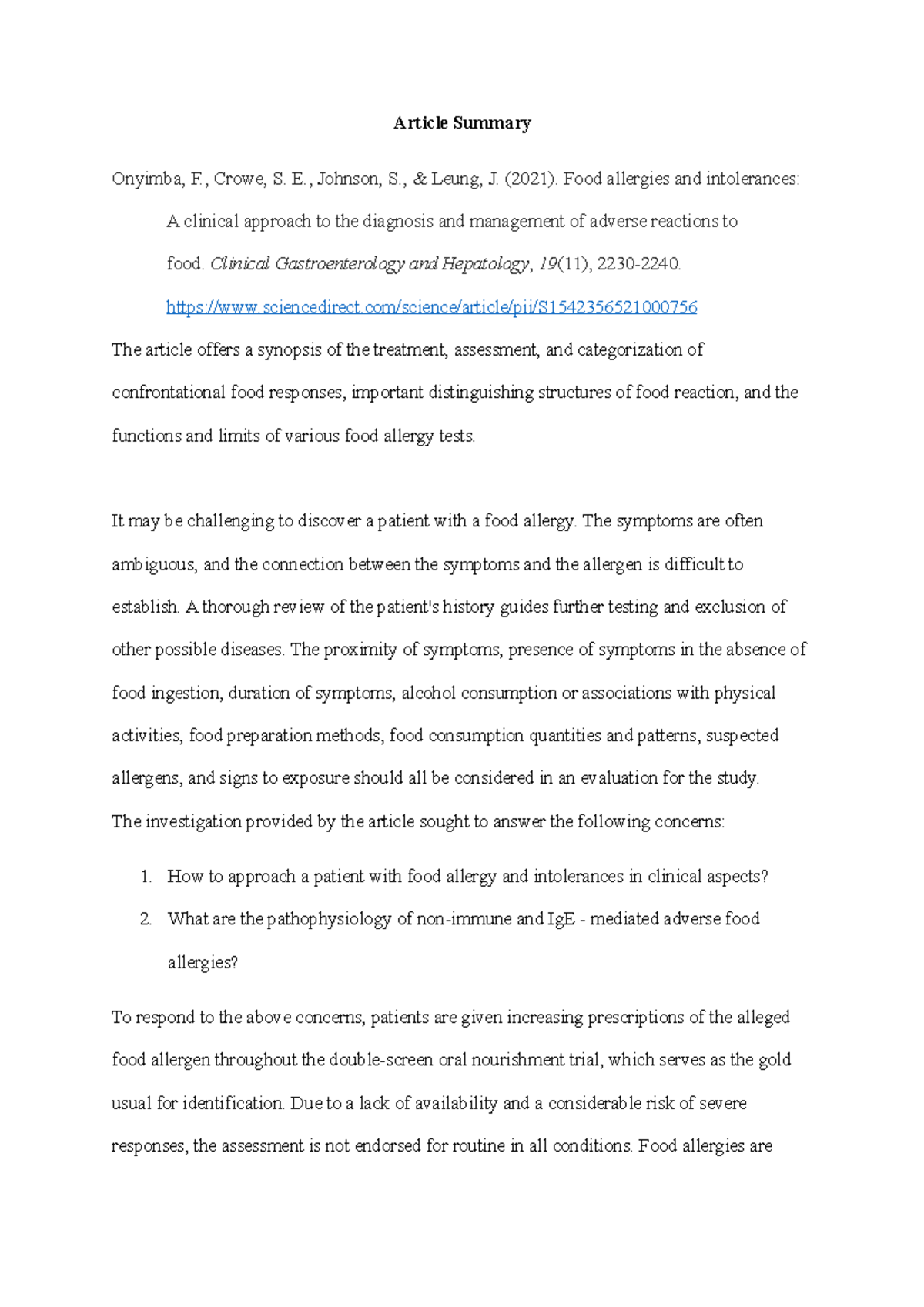 Summary of Article: Clinical Approach to Food Allergies (2021) - Studocu
