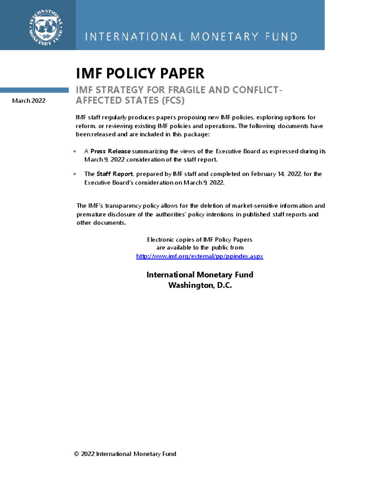 PPEA2022004 - IMF Policy paper - © 2022 International Monetary Fund IMF ...