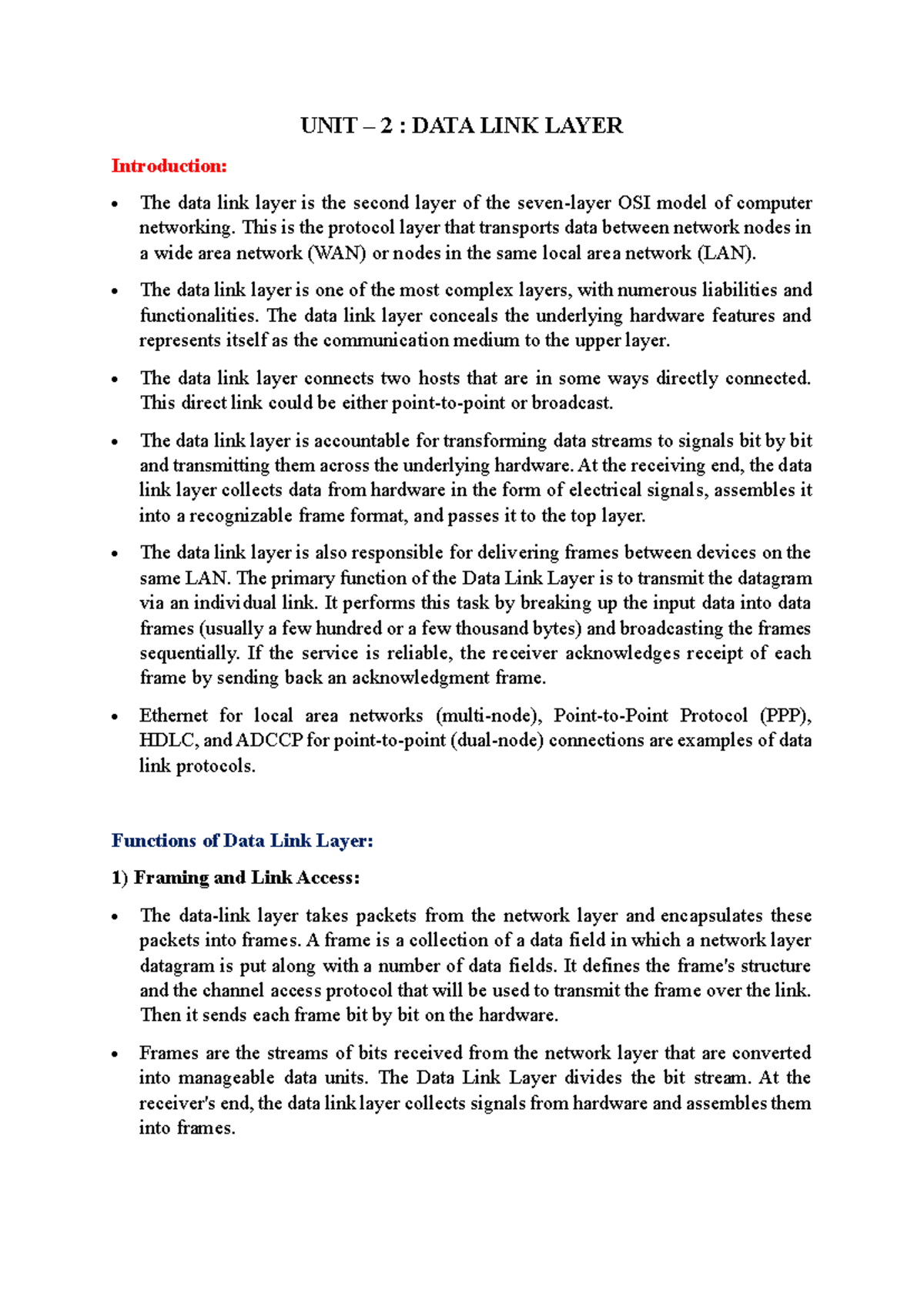 UNIT - 2 CN - Computer Network unit 2 - UNIT – 2 : DATA LINK LAYER ...