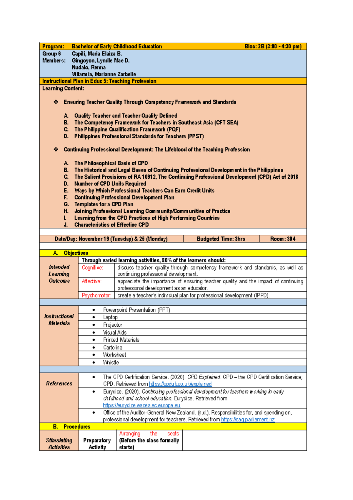 LP - Group 6 - 4As: Instructional Plan for Educ 5 on Teacher Quality ...