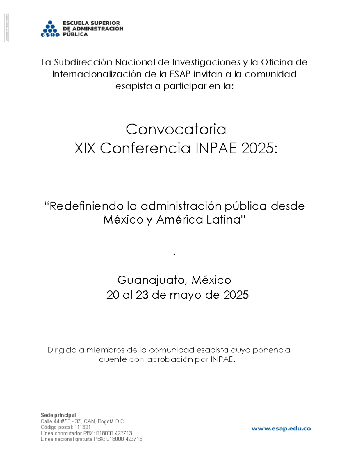 Convocatoria INPAE 2025: Participación de la Comunidad ESAP - Studocu