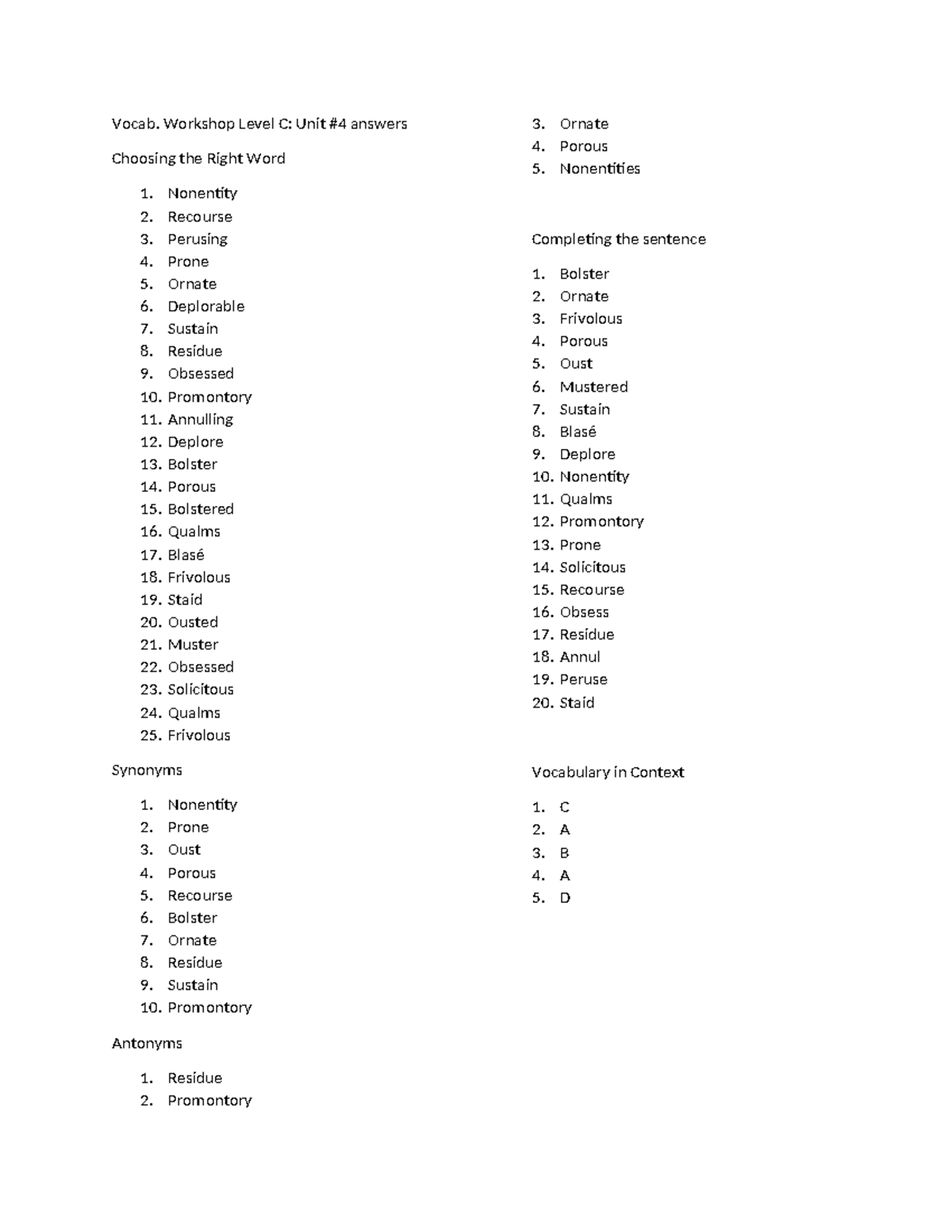 Vocab. Workshop Level C: Unit 4 Answers and Exercises - Studocu