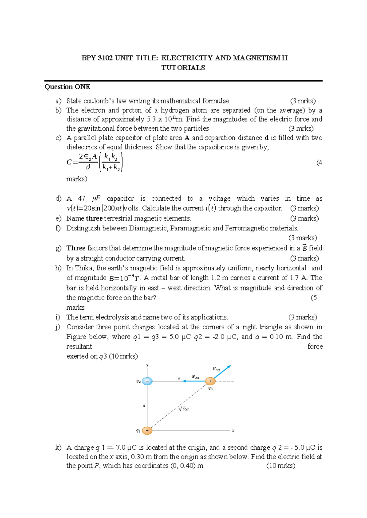 BPY 3102 TUTORIALS: ELECTRICITY AND MAGNETISM II QUESTIONS - Studocu