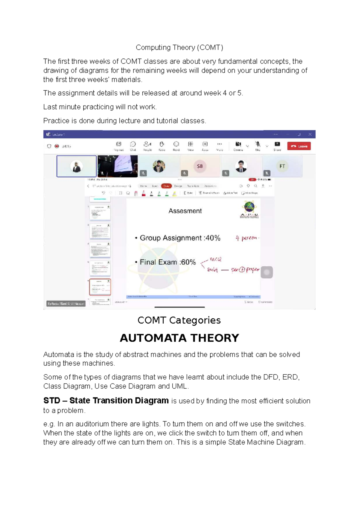Computing Theory (COMT) Lecture Notes: Automata & Diagrams - Studocu