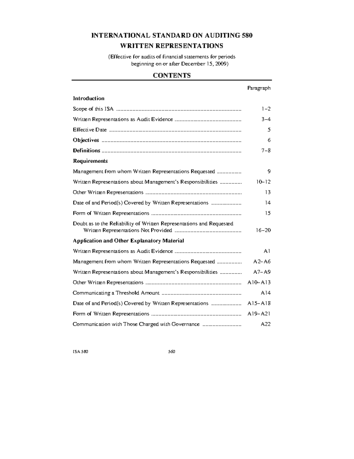 ISA 580: Written Representations in Auditing Standards - Studocu