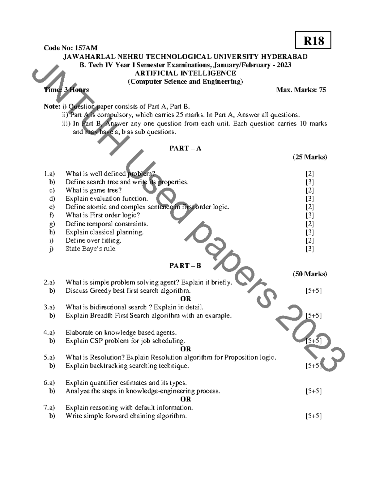 JNTU AI QUESTION PAPER PREVIOUS YEAR QUESTION 2023 75 Marks jntuh ...