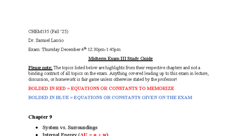 CHEM135 F25 Midterm Exam Study Guide: Key Topics & Equations - Studocu