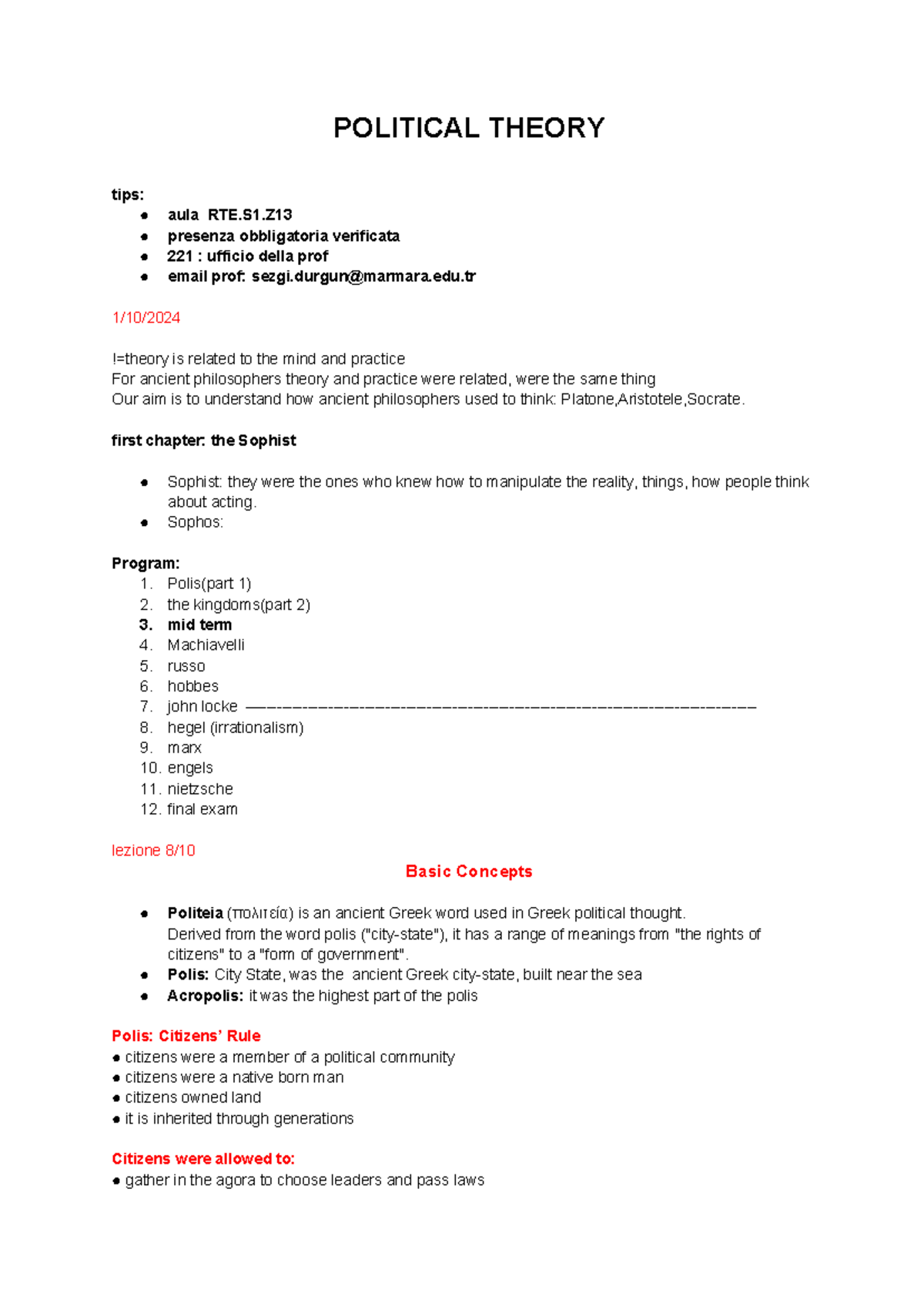 Political Theory - Fall 2024 Lecture Notes on Key Concepts ...