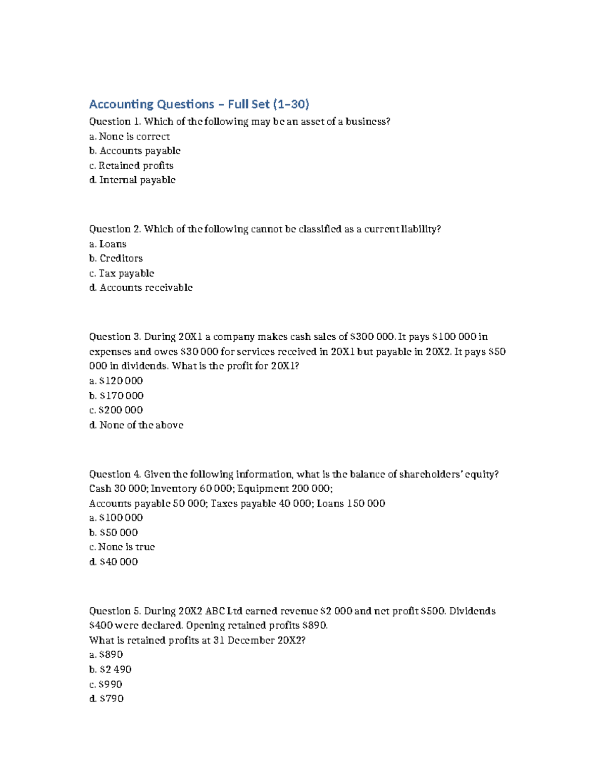 Accounting Questions Set 1-30: Comprehensive Review - Studocu